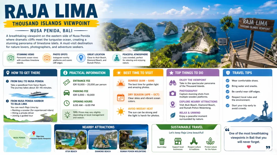 HD infographic of Raja Lima Thousand Islands Viewpoint in Nusa Penida Bali showing panoramic ocean cliffs, travel tips, entrance fees, best time to visit, and nearby attractions