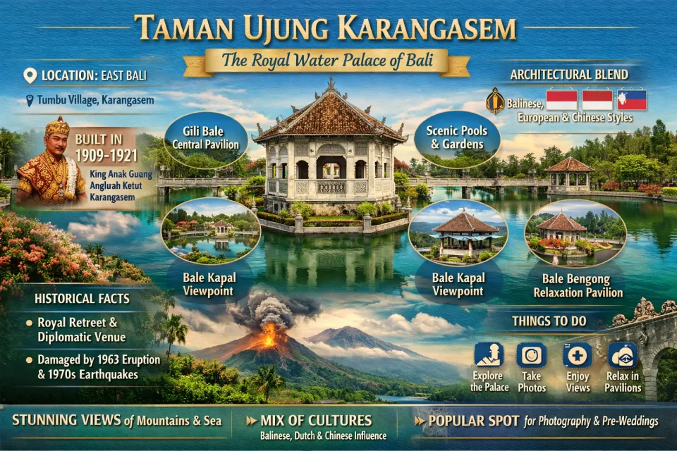 Infographic of Taman Ujung Karangasem in East Bali showing the royal water palace, scenic pools, Gili Bale pavilion, Bale Kapal viewpoint, and historical highlights of Ujung Water Palace Bali