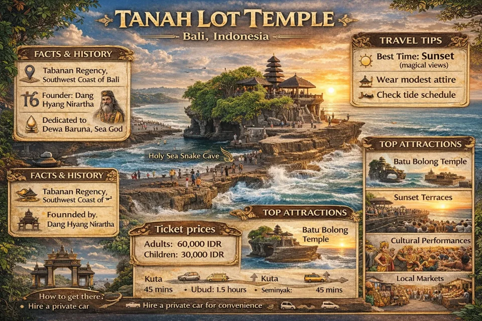 Infographic of Tanah Lot Temple Bali showing history, location, ticket prices, travel tips, top attractions, and sunset views at the iconic sea temple in Indonesia.