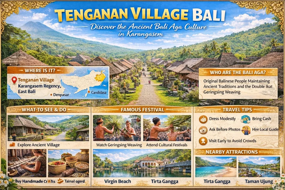Infographic of Tenganan Village Bali showing traditional Bali Aga houses, Geringsing weaving, Pandan War festival, travel tips, and nearby attractions in Karangasem