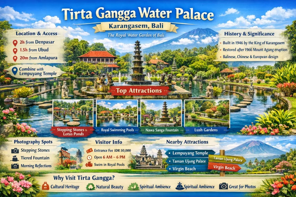 Tirta Gangga Water Palace in Karangasem Bali with koi ponds, stepping stones, and fountains under clear blue sky