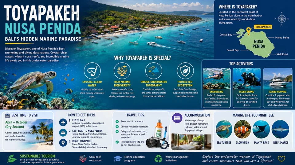 Infographic highlighting Toyapakeh Nusa Penida Bali with underwater marine life, snorkeling activities, and travel guide details