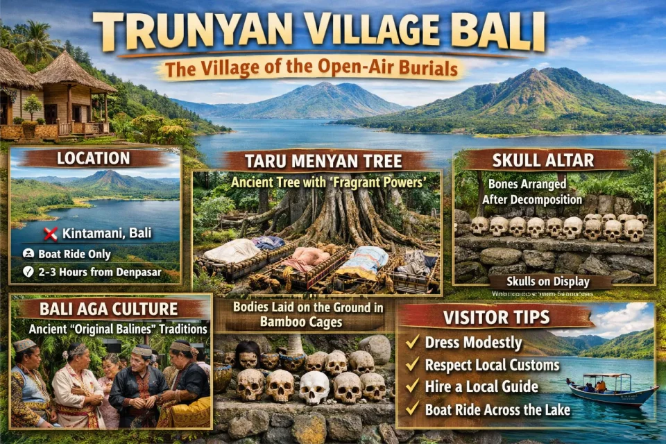Detailed infographic of Trunyan Village Bali showing open-air burial tradition, Taru Menyan tree, skull altar, Bali Aga culture, and location near Lake Batur Kintamani