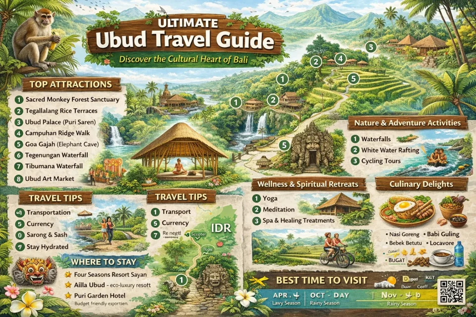 Infographic of Ubud Bali travel guide featuring top attractions like rice terraces, Monkey Forest, waterfalls, cultural sites, travel tips, food, and best time to visit.