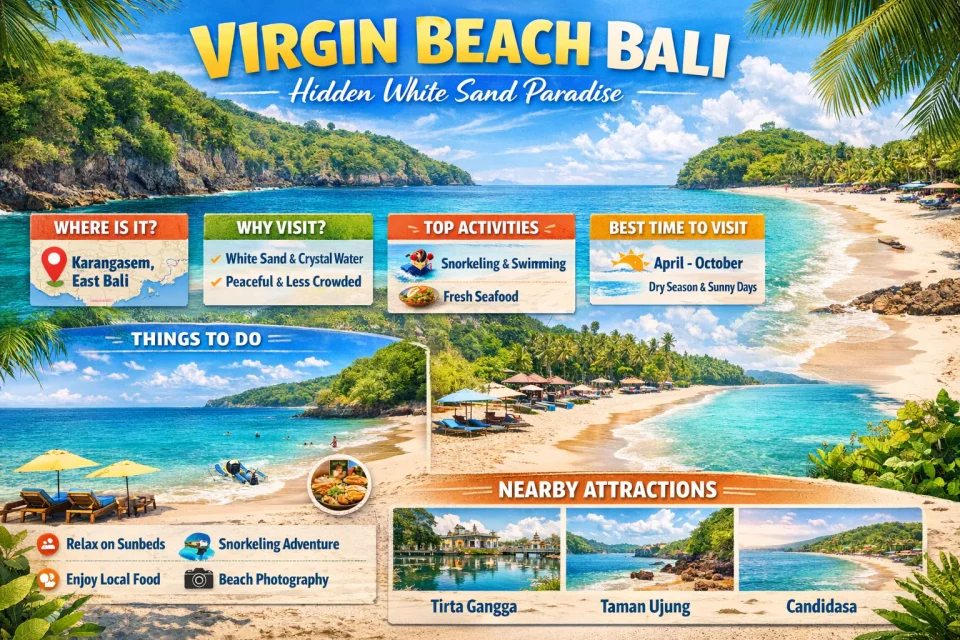 Infographic of Virgin Beach Bali showing white sand coastline, clear blue water, travel guide details, activities, and nearby attractions in Karangasem