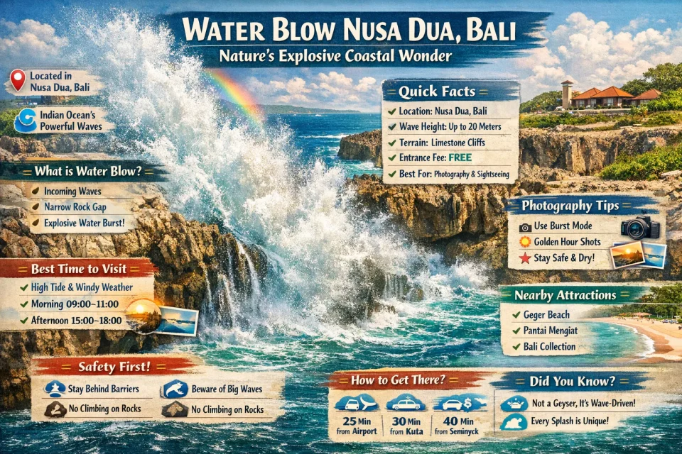 Powerful ocean waves crashing at Water Blow Nusa Dua Bali creating dramatic water splash on limestone cliffs
